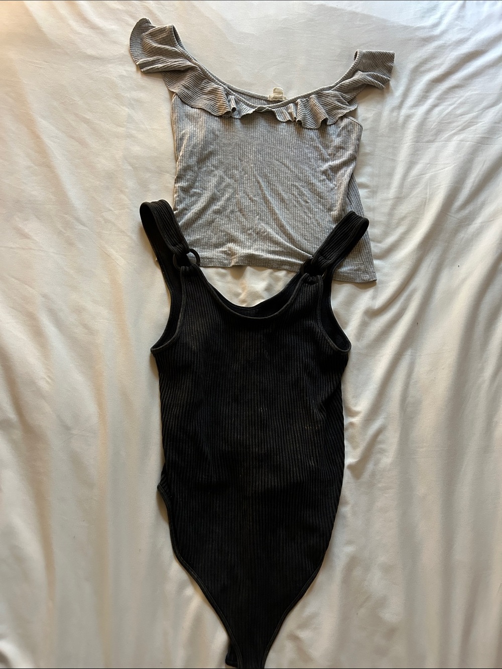 Bundle Women’s Black Ribbed Bodysuit and Light Gray Ruffle-Trim Top Set